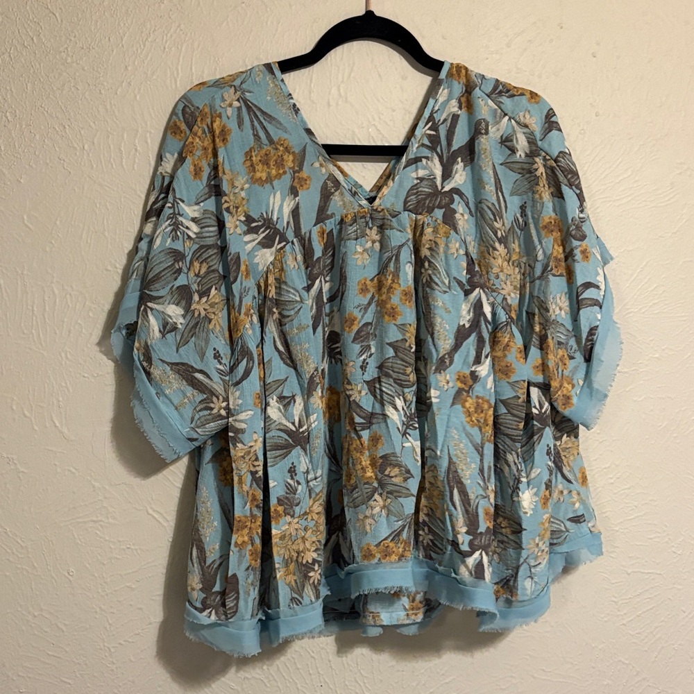 Cato Blue Floral V-Neck Blouse